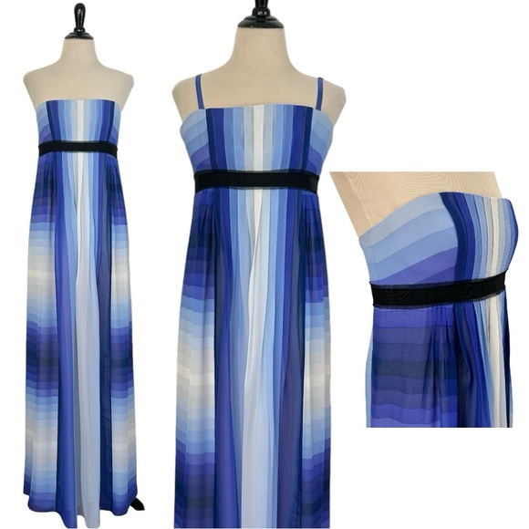 BCBGMaxAzria Dresses & Skirts - BCBG MAX AZRIA New Silk Blue Striped DRESS 10 Long Pleated Evening Party Gown